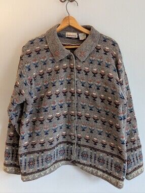 Vintage Simpatico 100% Shetland Wool Sweater, Intarsia Button Front Cardigan, M